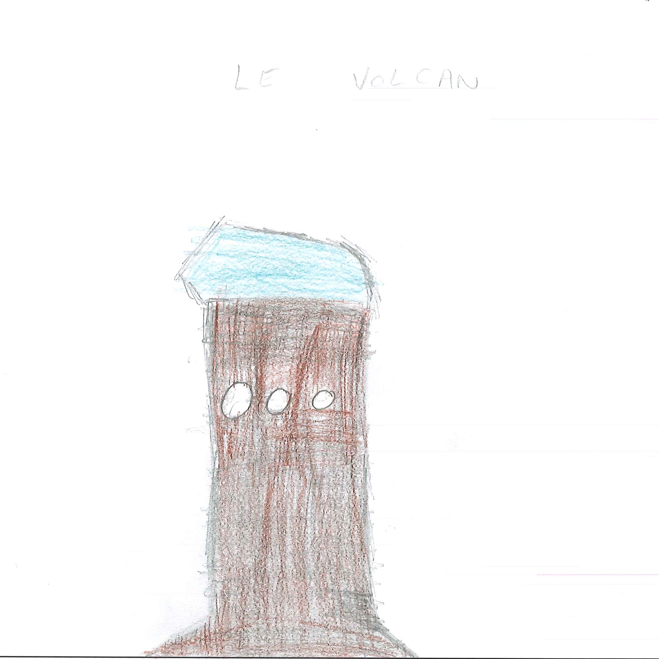 Dessin de Amélia (8 ans). Mot: VolcanTechnique: Crayons.
