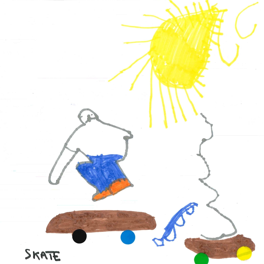 Dessin de Zackarya (4 ans). Mot: Skate, SkateparkTechnique: Feutres.
