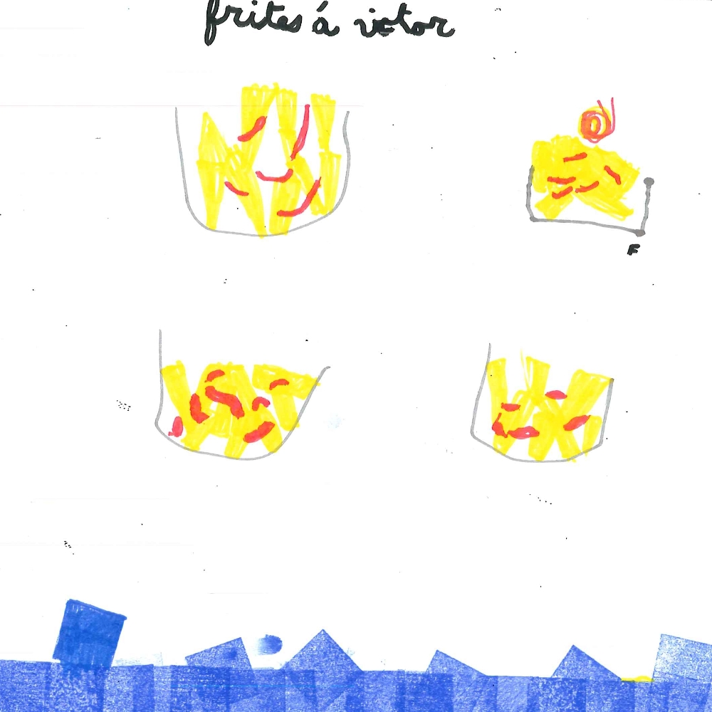 Dessin de Leyna (7 ans). Mot: Frites à VictorTechnique: Pastels.