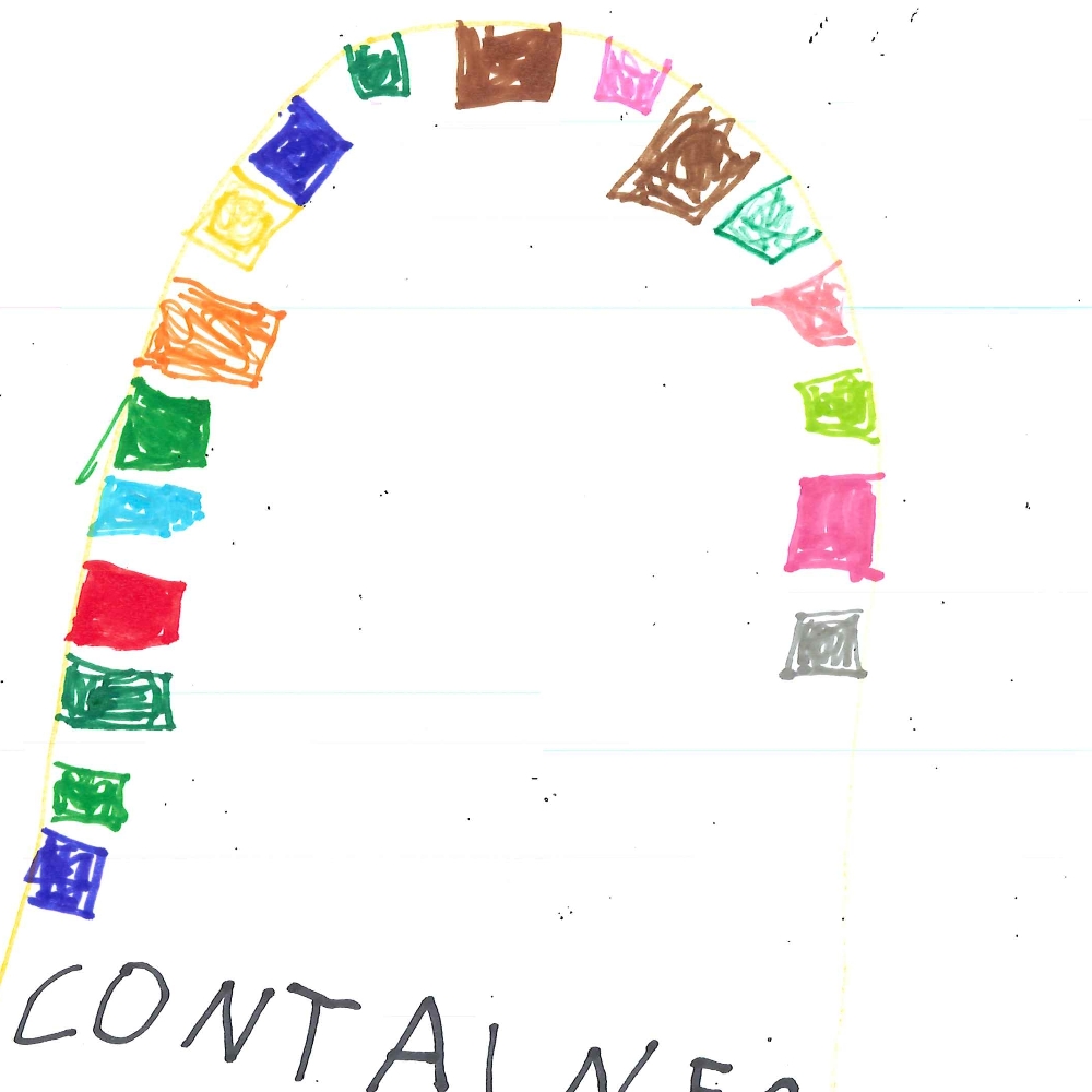 Dessin de Ouways (5 ans). Mot: ContainerTechnique: Feutres.
