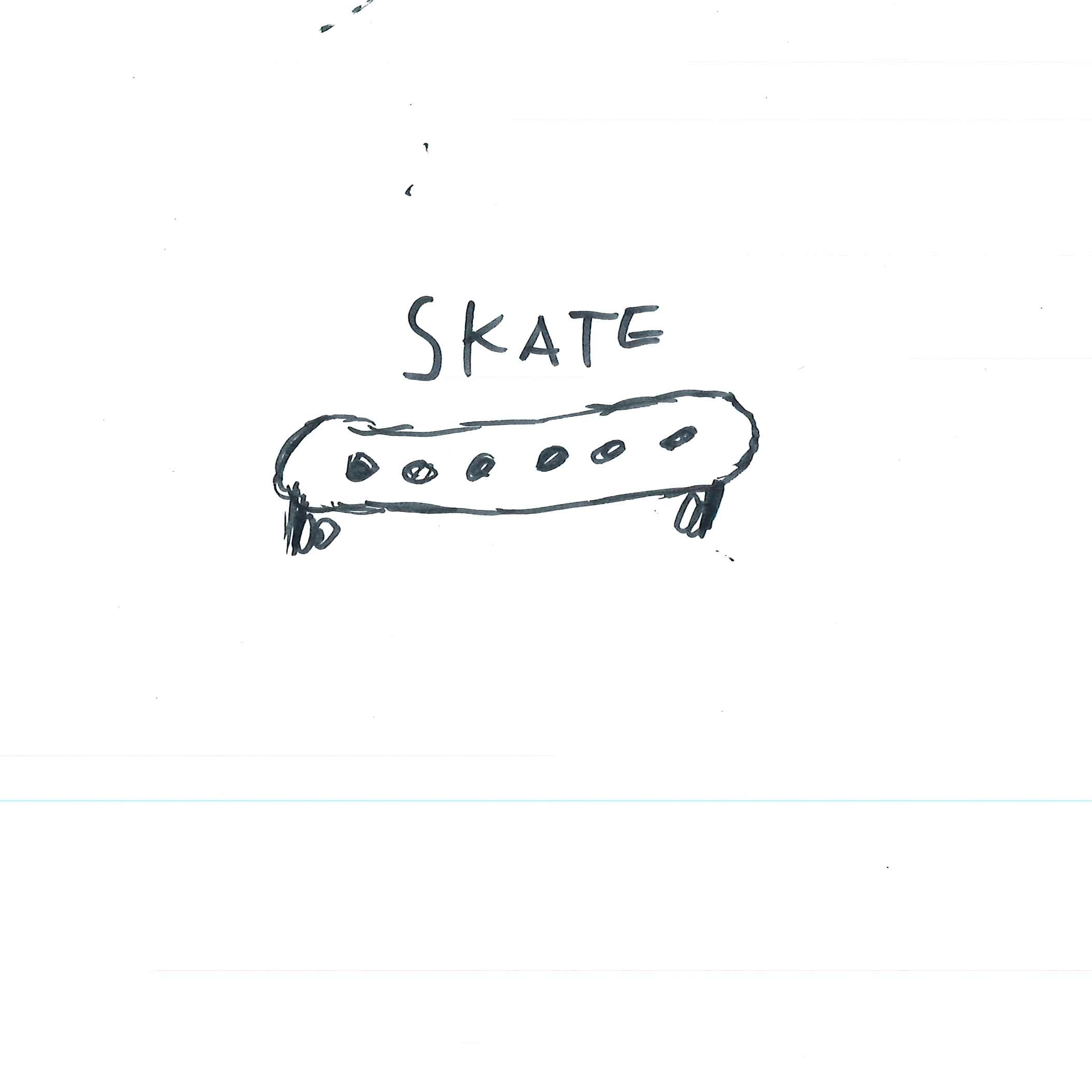 Dessin de Marwan (12 ans). Mot: Skate, SkateparkTechnique: Feutres.