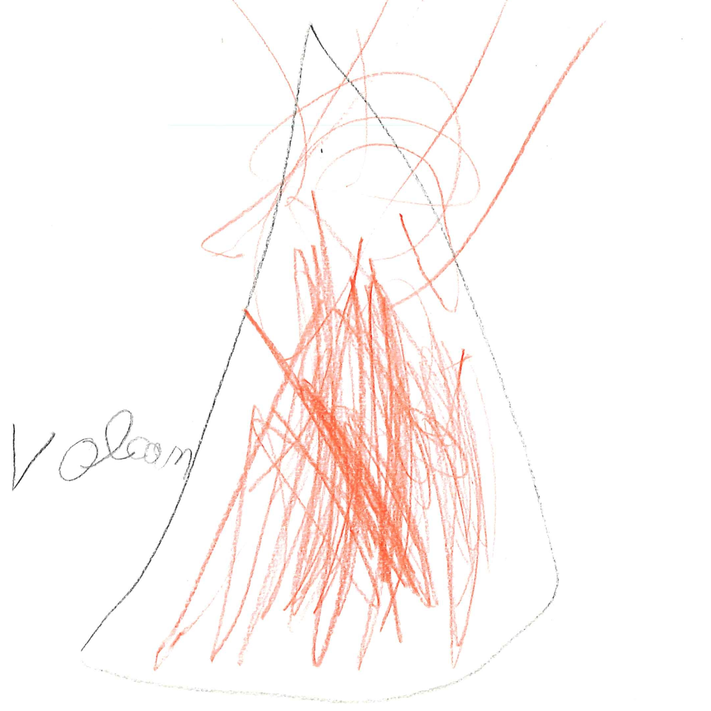 Dessin de Amaël (7 ans). Mot: VolcanTechnique: Crayons.