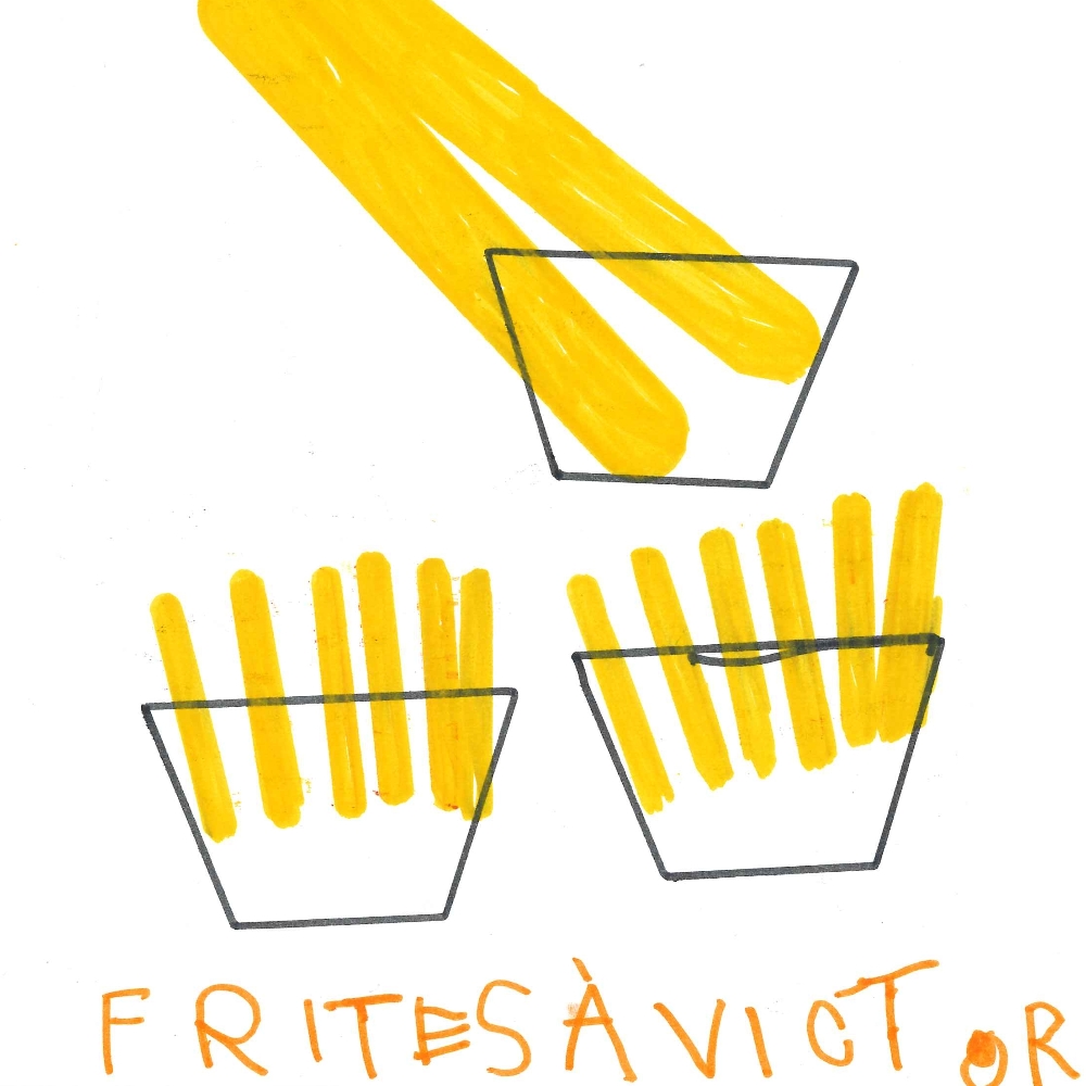 Dessin de Eliot (6 ans). Mot: Frites à VictorTechnique: Normographe.