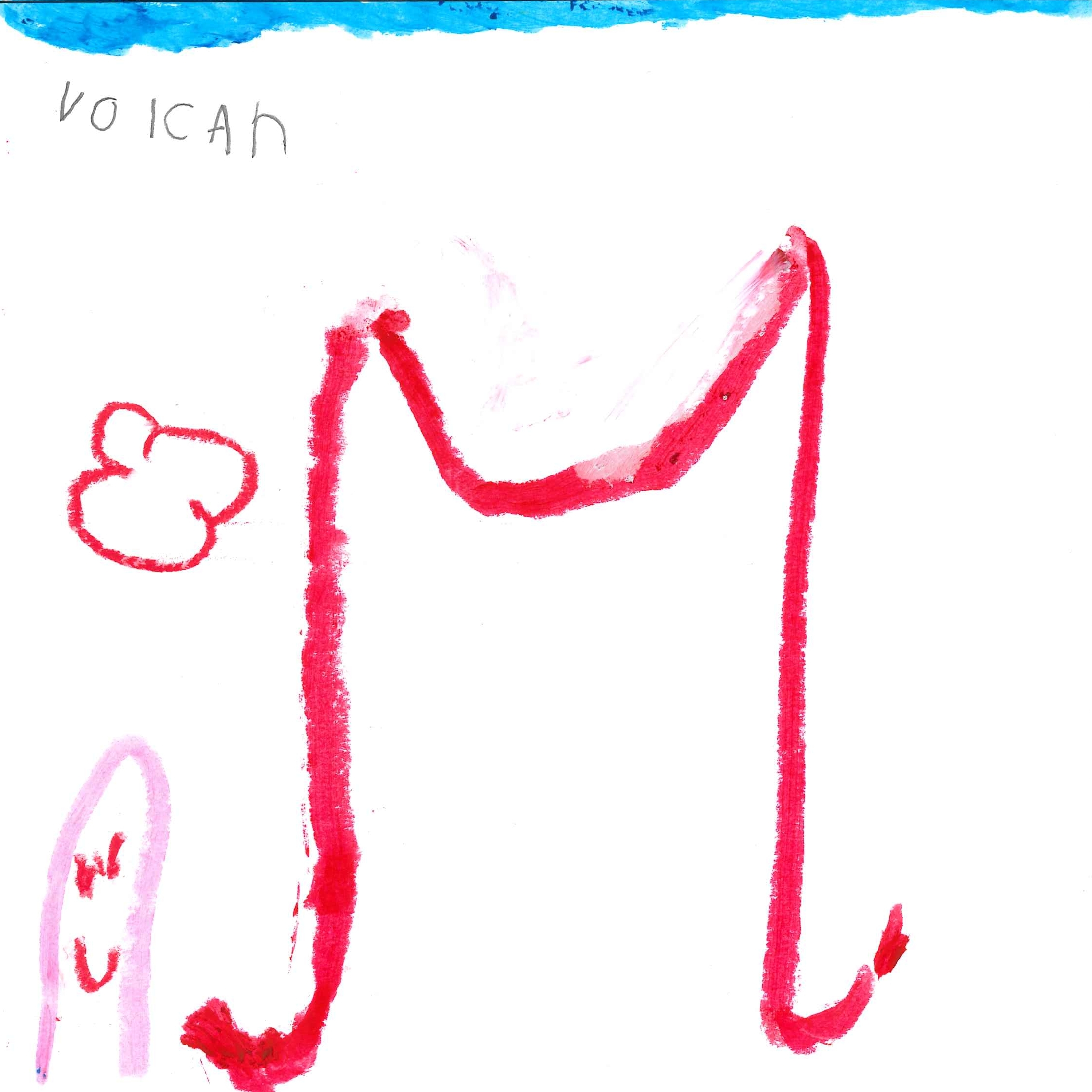 Dessin de Aïssa (5 ans). Mot: VolcanTechnique: Pastels.