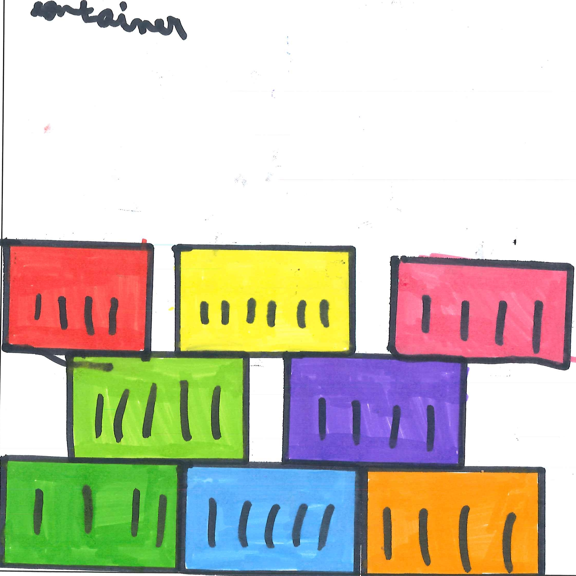 Dessin de Maeva (8 ans). Mot: ContainerTechnique: Normographe.