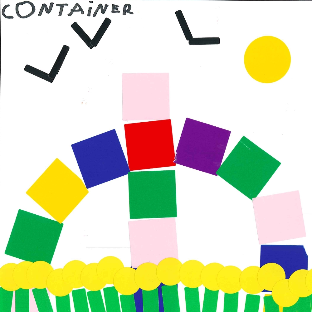 Dessin de Halyma (7 ans). Mot: ContainerTechnique: Gommettes.