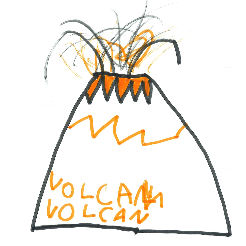 Dessin de Naïl (5 ans). Mot: VolcanTechnique: Feutres.