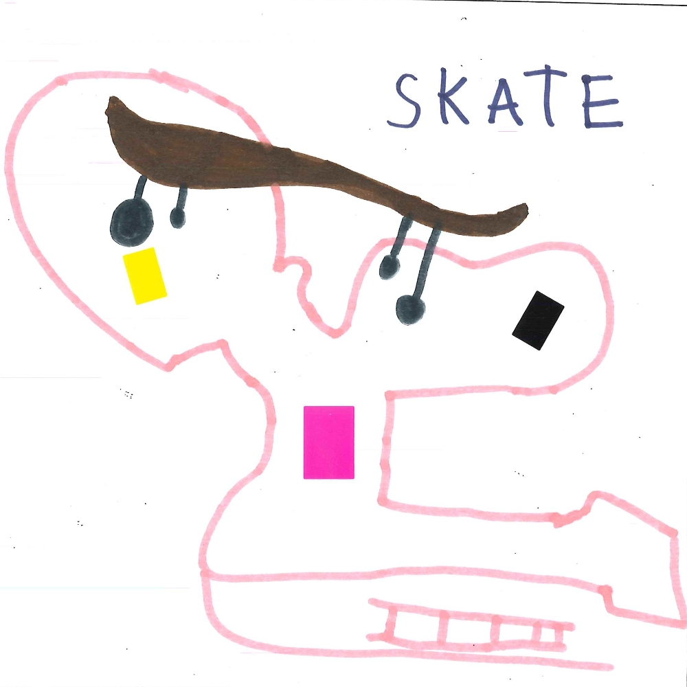 Dessin de Nolan (8 ans). Mot: Skate, SkateparkTechnique: Feutres.