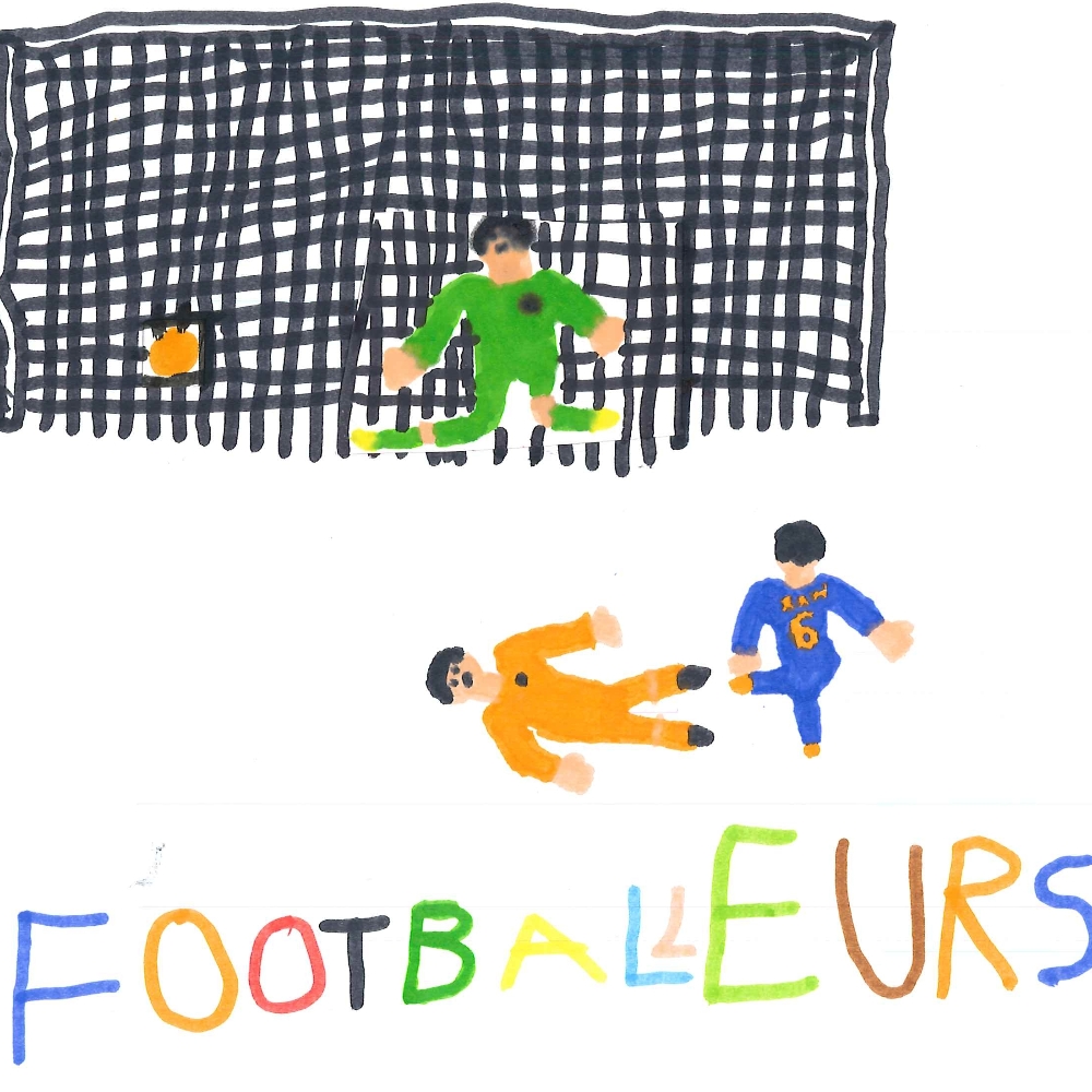 Dessin de Mahdi (8 ans). Mot: Footballeuse, FootballeurTechnique: Feutres.