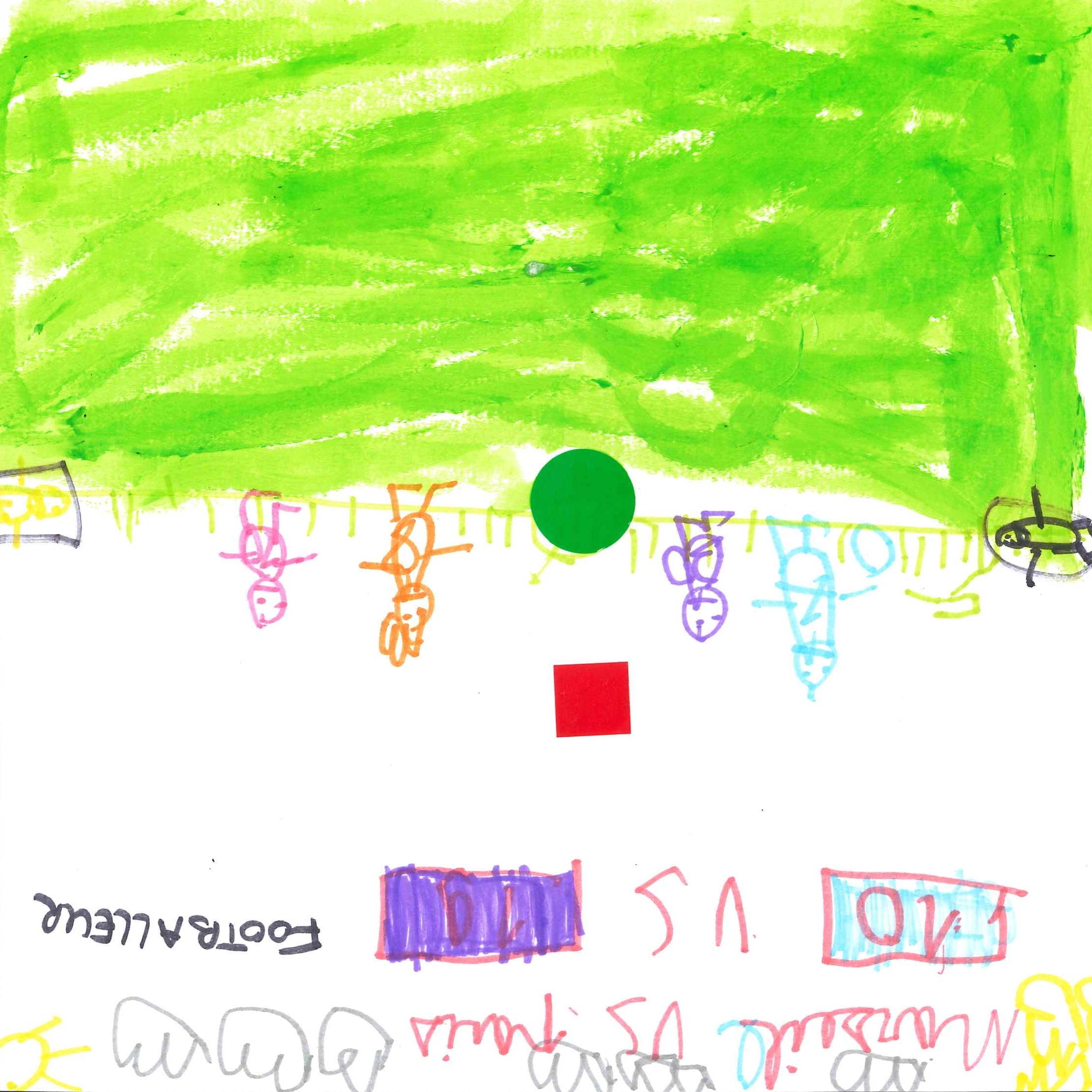 Dessin de Madani (6 ans). Mot: Footballeuse, FootballeurTechnique: Pastels.