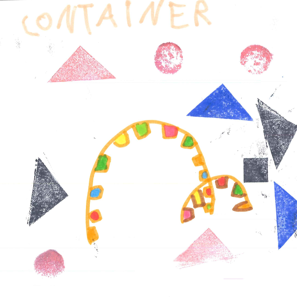 Dessin de Hermione (6 ans). Mot: ContainerTechnique: Tampons.