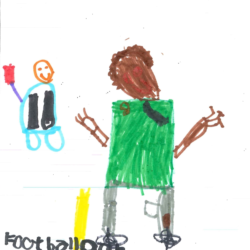 Dessin de Kalim (6 ans). Mot: Footballeur, FootballeuseTechnique: Feutres.