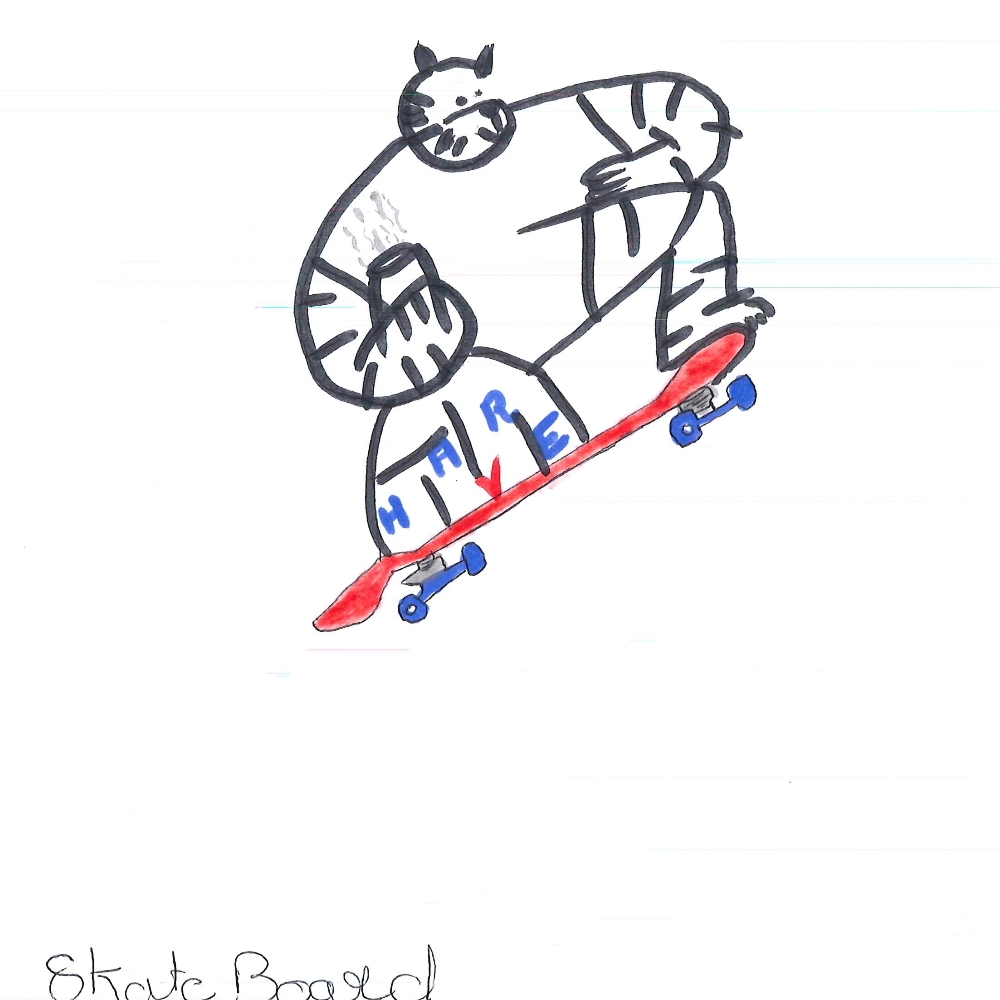 Dessin de Dominique (99 ans). Mot: Skate, SkateparkTechnique: Crayons.