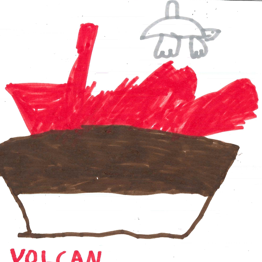 Dessin de Maé (6 ans). Mot: VolcanTechnique: Feutres.