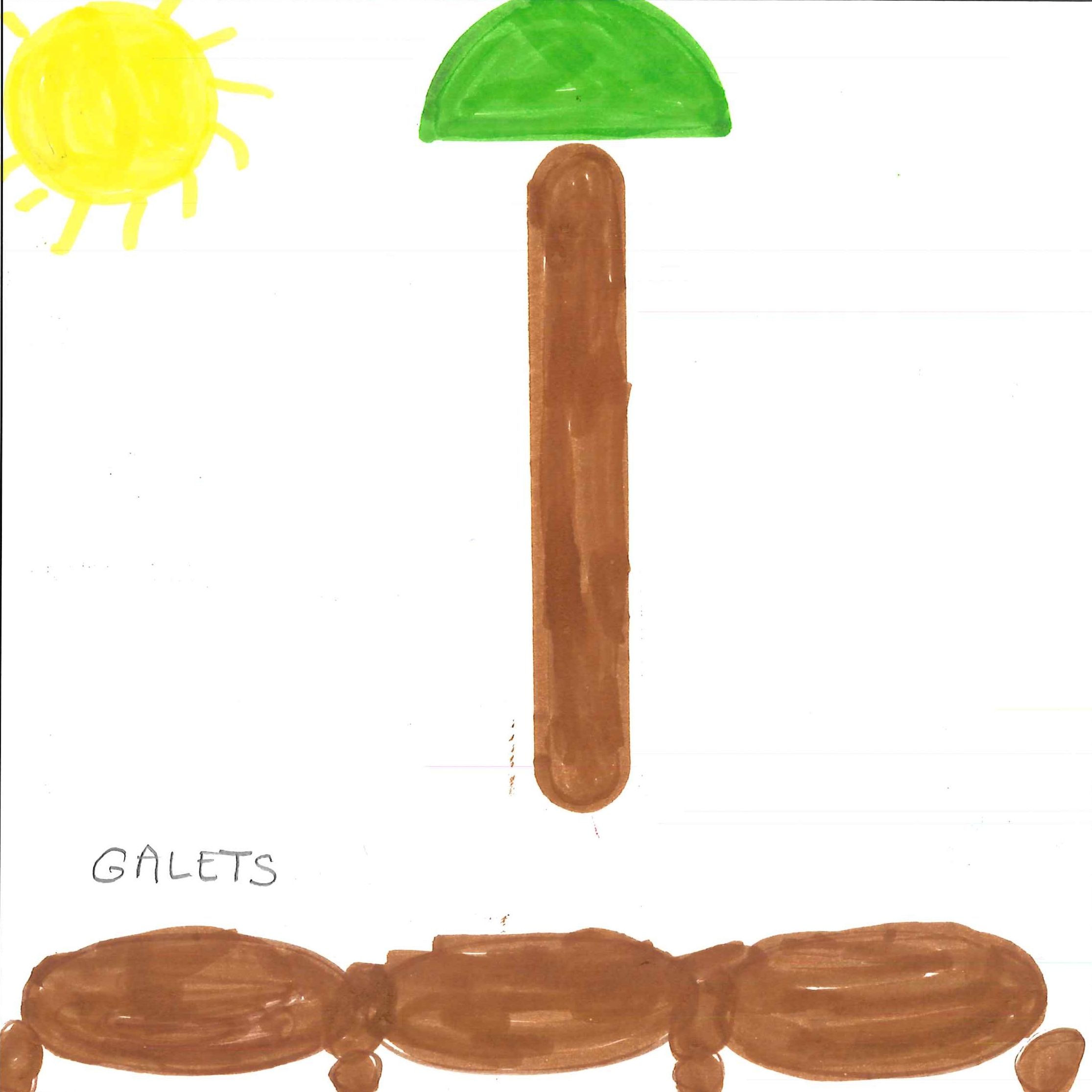 Dessin de Gabriel (6 ans). Mot: GaletsTechnique: Crayons.