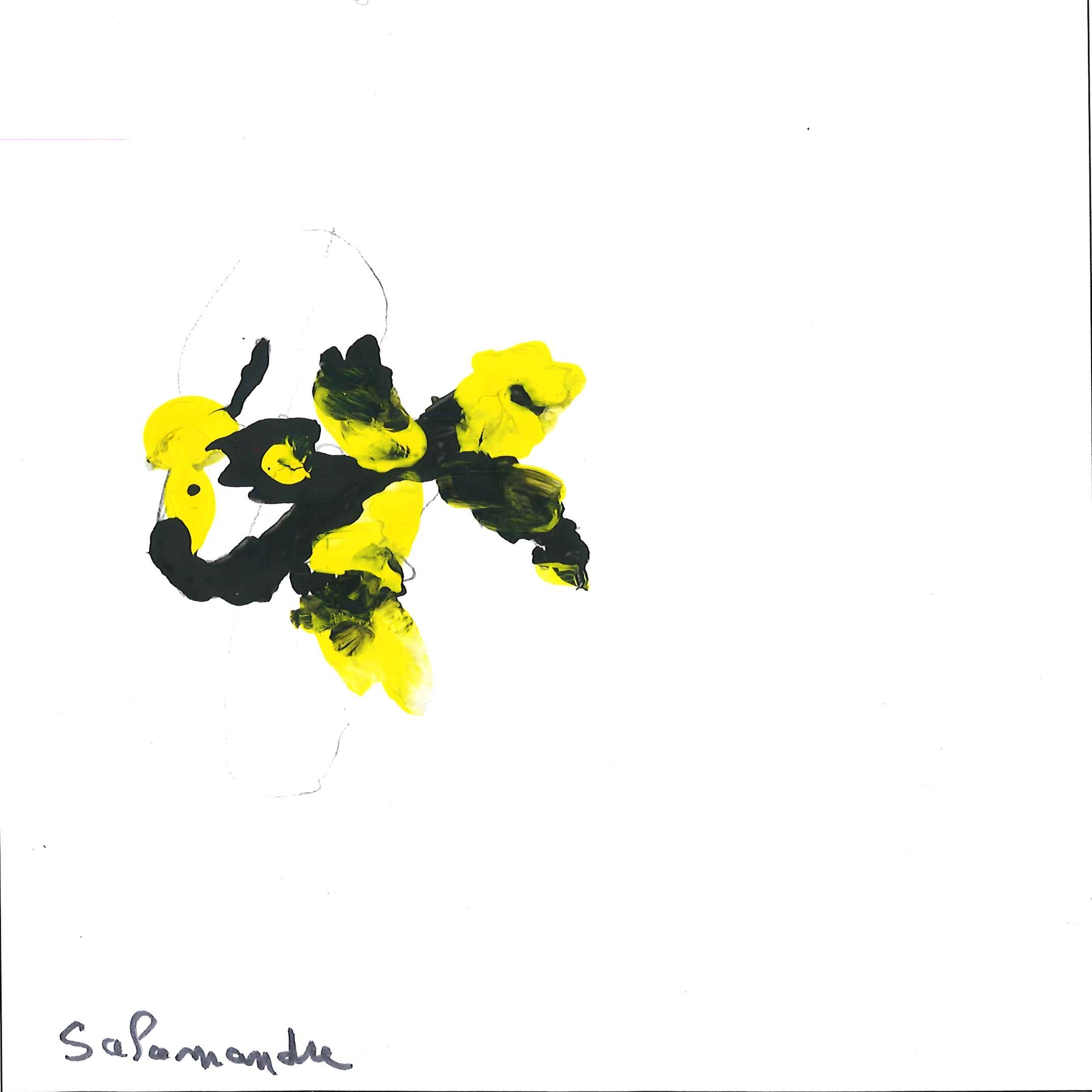 Dessin de Liam (6 ans). Mot: SalamandreTechnique: Peinture.
