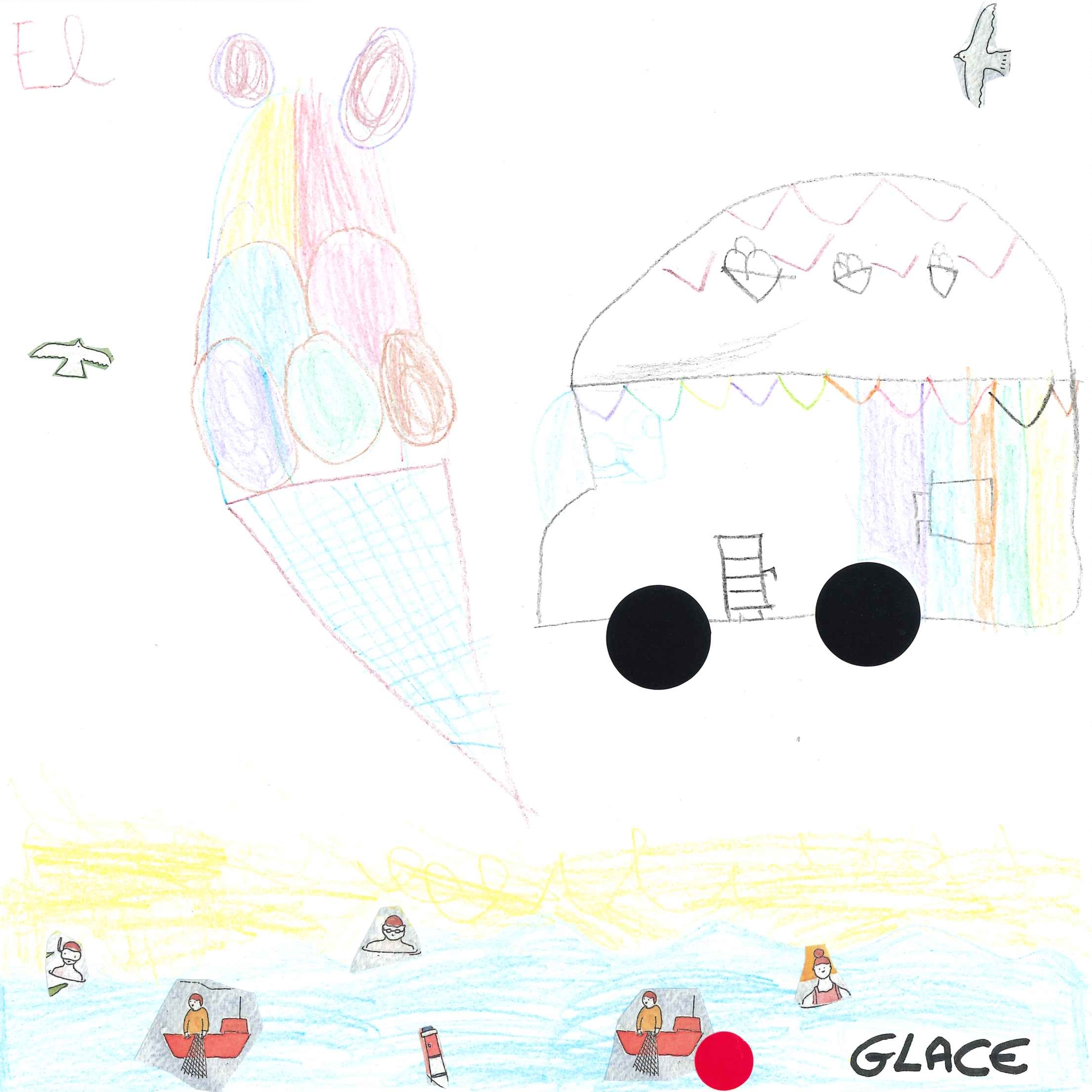 Dessin de Eléa (6 ans). Mot: GlaceTechnique: Crayons.