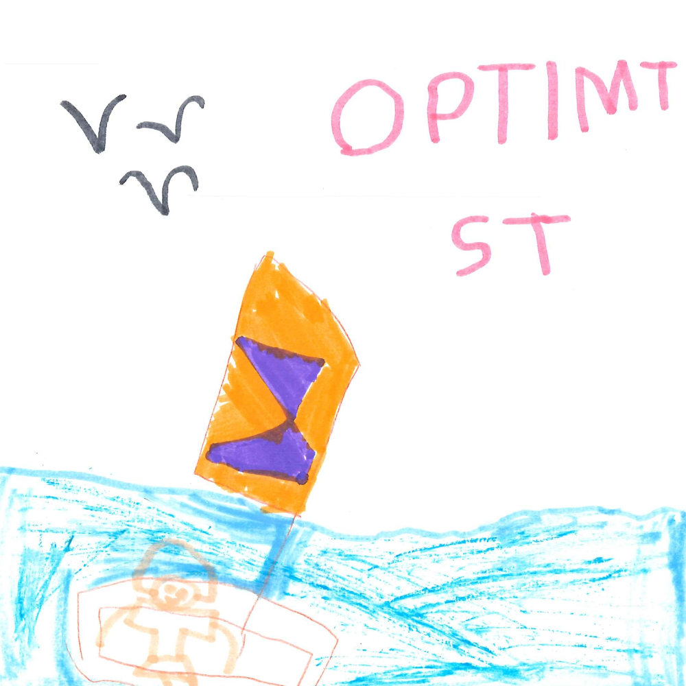 Dessin de Ysé (5 ans). Mot: OptimistTechnique: Feutres.