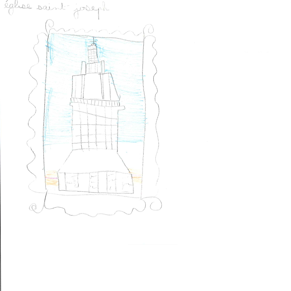 Dessin de Naëlle (7 ans). Mot: Eglise Saint-JosephTechnique: Crayons.