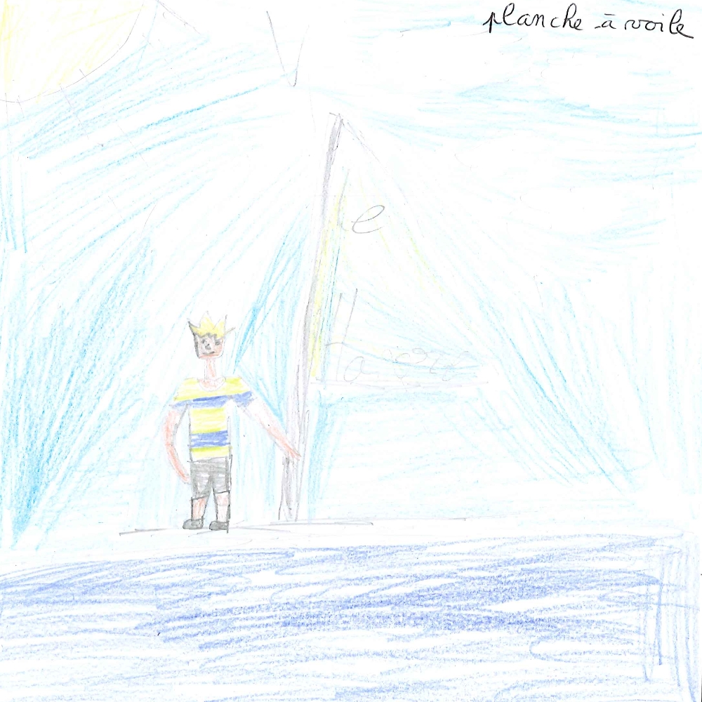 Dessin de Gabin (10 ans). Mot: Planche à voileTechnique: Crayons.