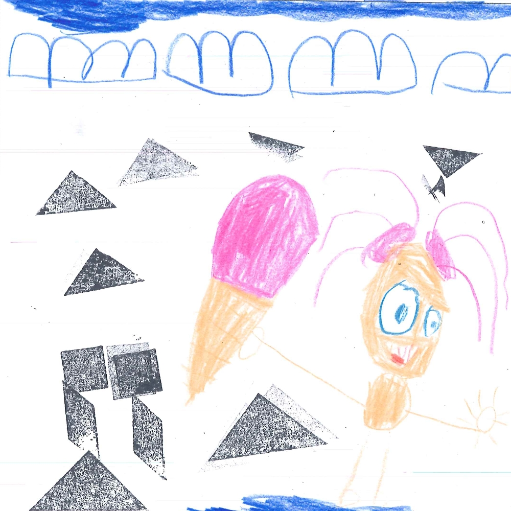 Dessin de Alya (5 ans). Mot: GlaceTechnique: Pastels.