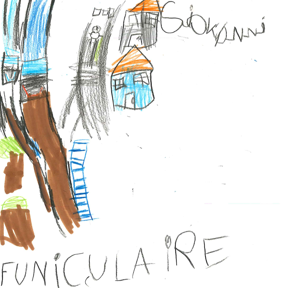 Dessin de Giovanni (5 ans). Mot: FuniculaireTechnique: Crayons.