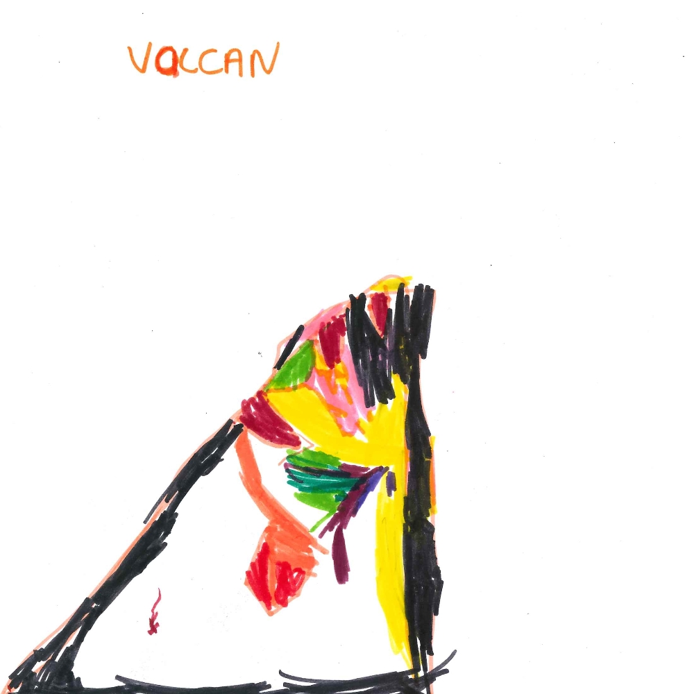 Dessin de Salomé (4 ans). Mot: VolcanTechnique: Feutres.