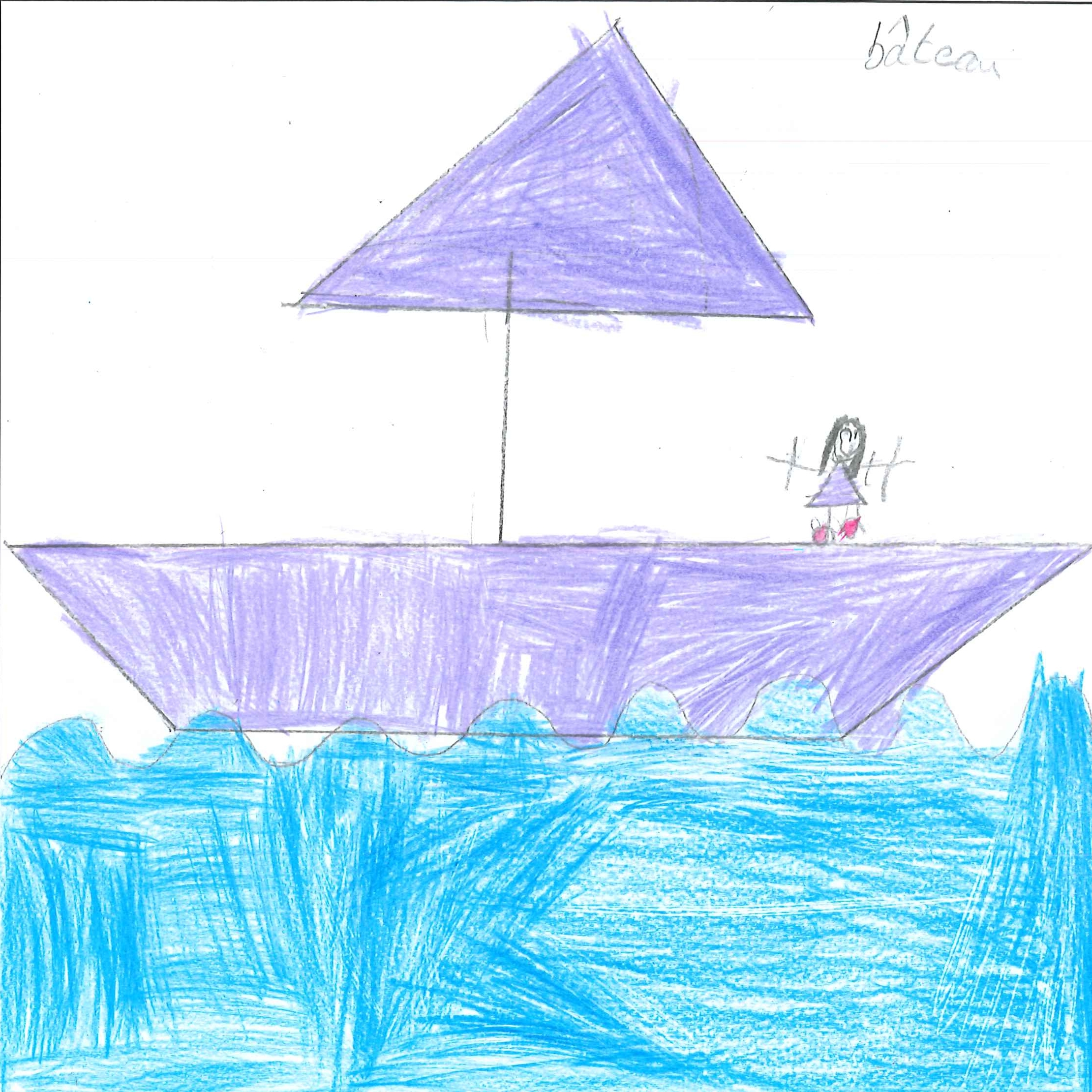 Dessin de Lamia (7 ans). Mot: BateauTechnique: Crayons.