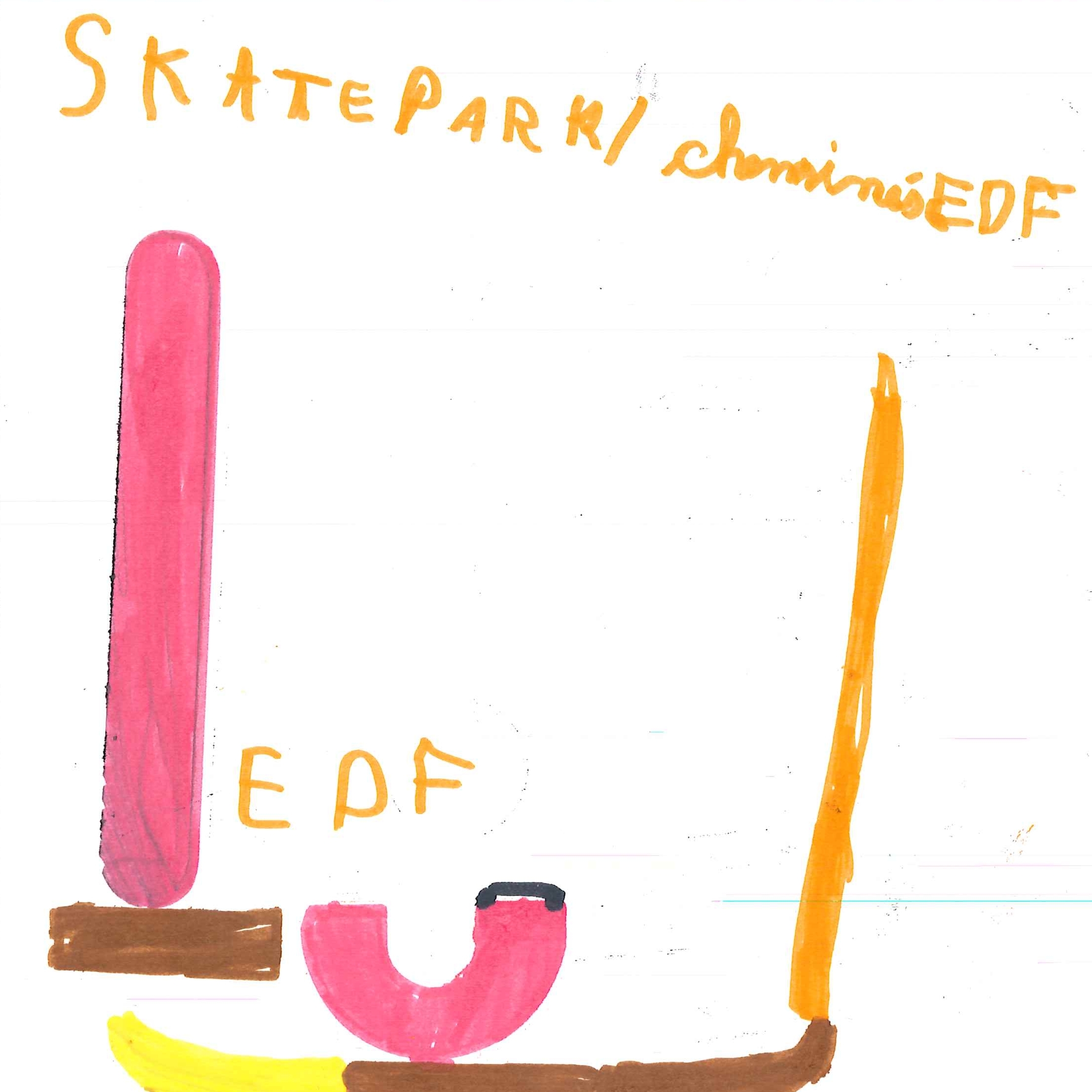 Dessin de Timéo (7 ans). Mot: Skate, SkateparkTechnique: Normographe.