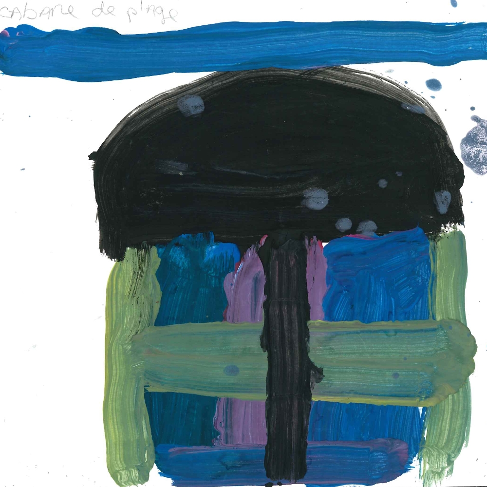 Dessin de Camille (8 ans). Mot: Cabane de plageTechnique: Peinture.