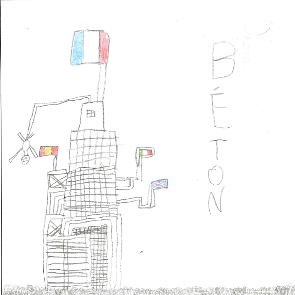 Dessin de Pierre (7 ans). Mot: BétonTechnique: Crayons.