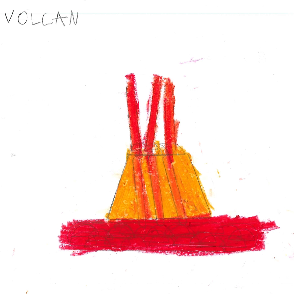 Dessin de Mia (6 ans). Mot: VolcanTechnique: Pastels.