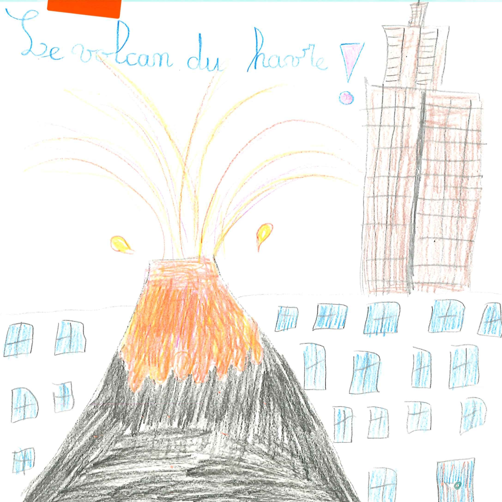 Dessin de Jeanne (6 ans). Mot: VolcanTechnique: Crayons.