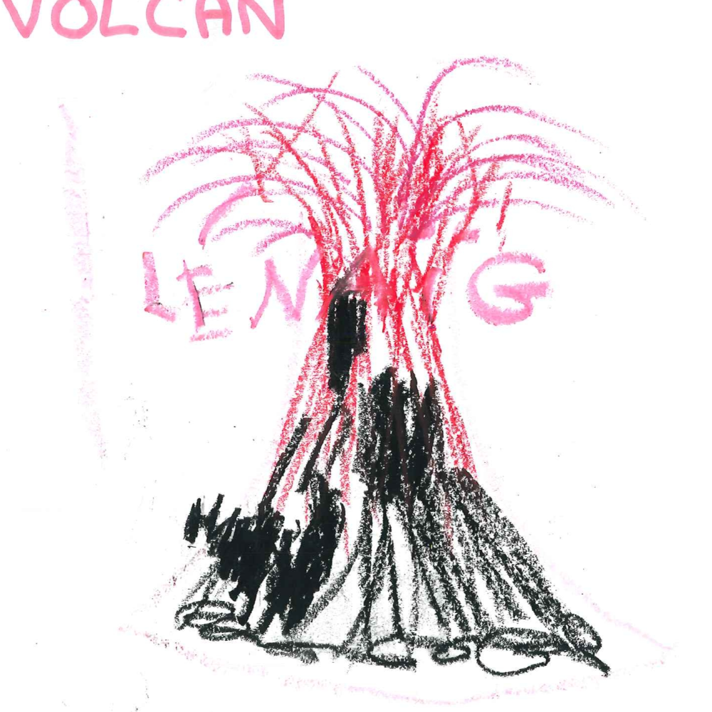 Dessin de Lenaïg (3 ans). Mot: VolcanTechnique: Pastels.