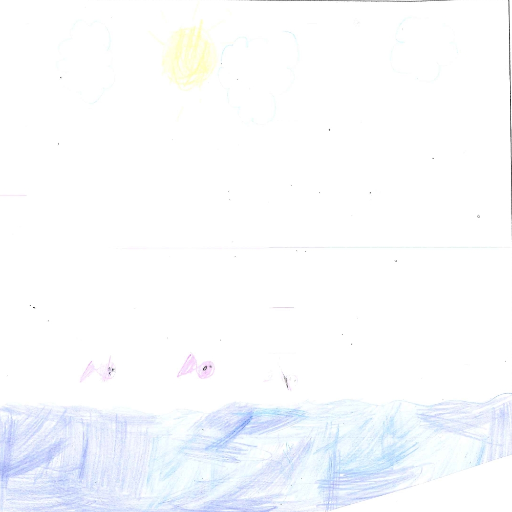 Dessin de Hamad (8 ans). Mot: MerTechnique: Crayons.