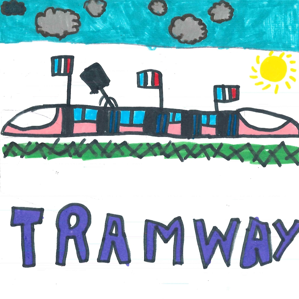 Dessin de Aminatou (9 ans). Mot: TramwayTechnique: Feutres.
