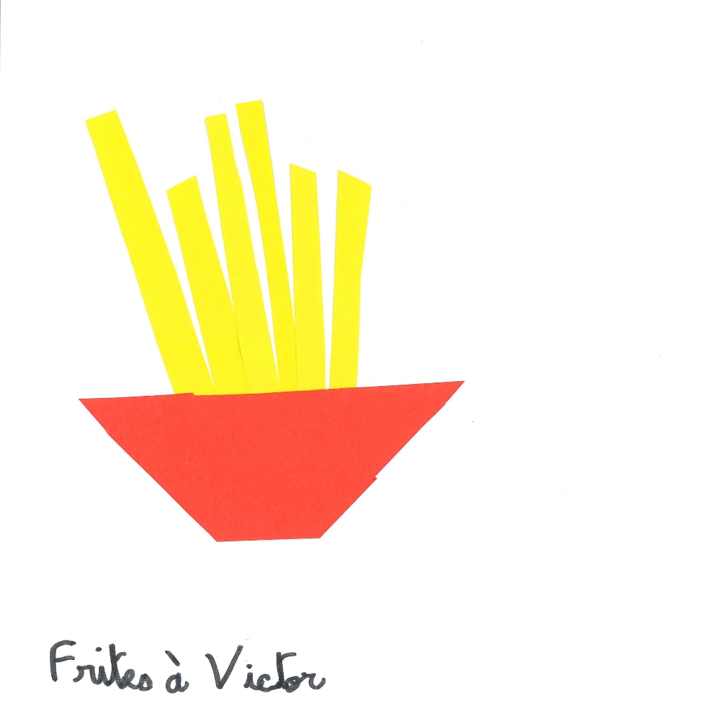 Dessin de Baptiste (7 ans). Mot: Frites à VictorTechnique: Découpage / Collage.