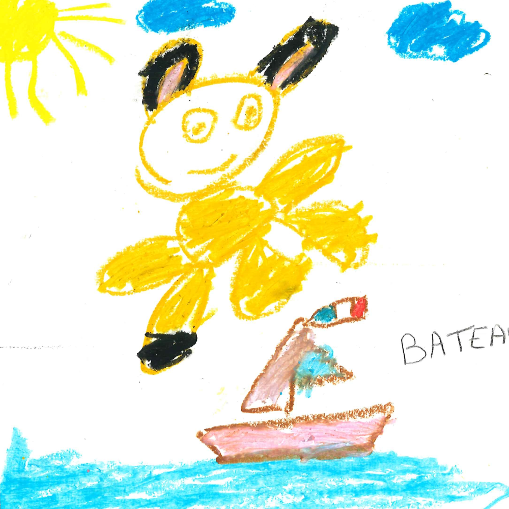 Dessin de Jannayah (5 ans). Mot: BateauTechnique: Pastels.