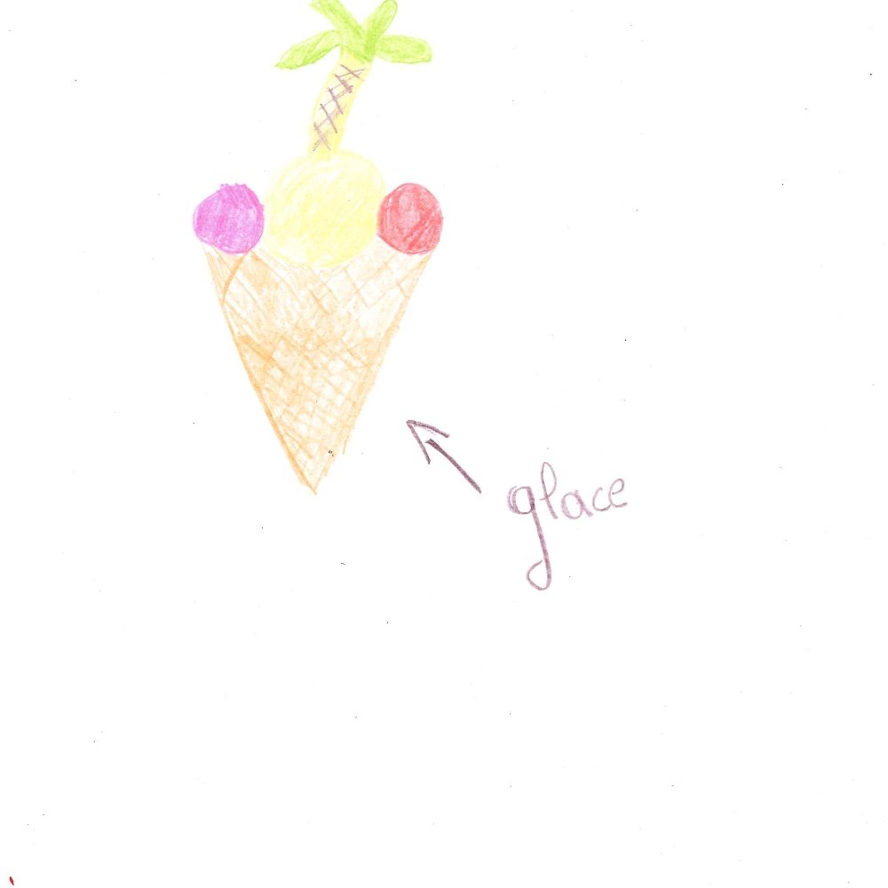 Dessin de Kayliah (9 ans). Mot: GlaceTechnique: Crayons.