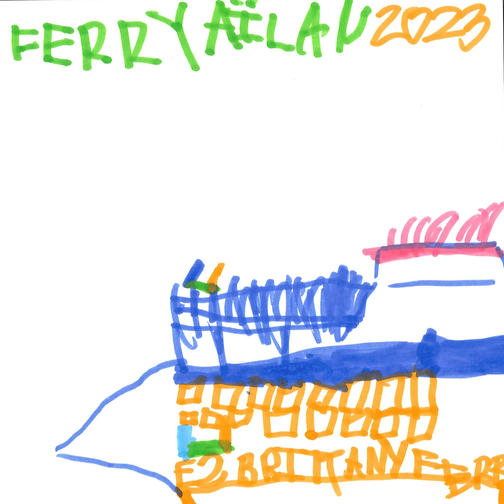Dessin de Ailan (5 ans). Mot: FerryTechnique: Feutres.