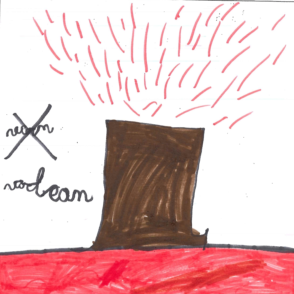 Dessin de Médouine (6 ans). Mot: VolcanTechnique: Feutres.
