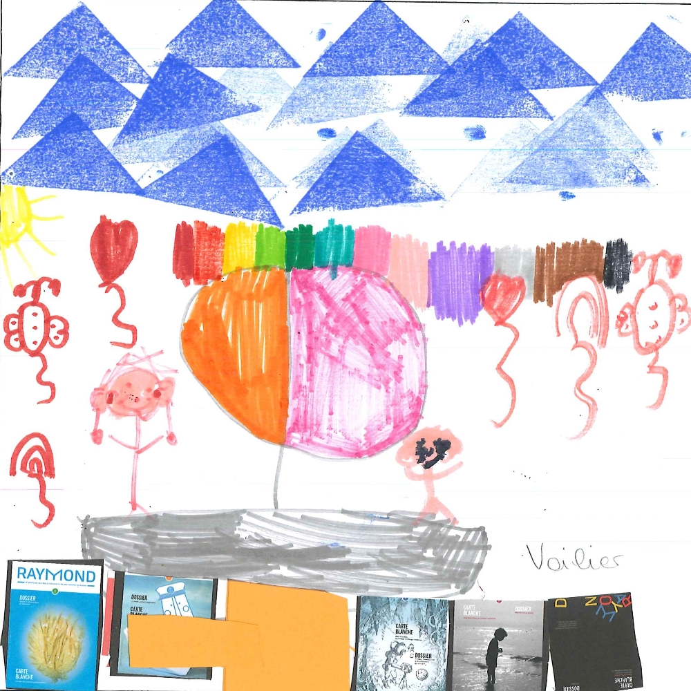 Dessin de Melika (6 ans). Mot: VoilierTechnique: Découpage / Collage.