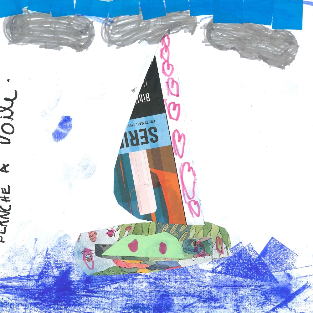 Dessin de Aïsha (6 ans). Mot: Planche à voileTechnique: Découpage / Collage.