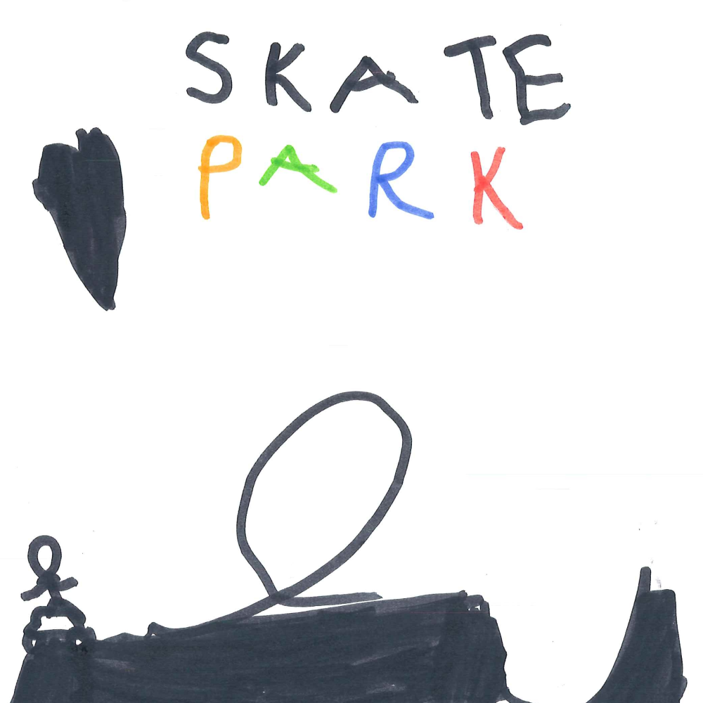 Dessin de Hayden (5 ans). Mot: Skate, SkateparkTechnique: Feutres.
