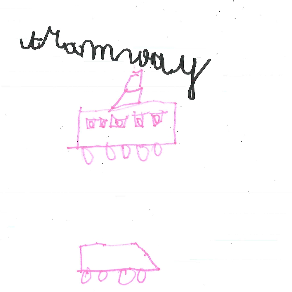 Dessin de David (5 ans). Mot: TramwayTechnique: Feutres.