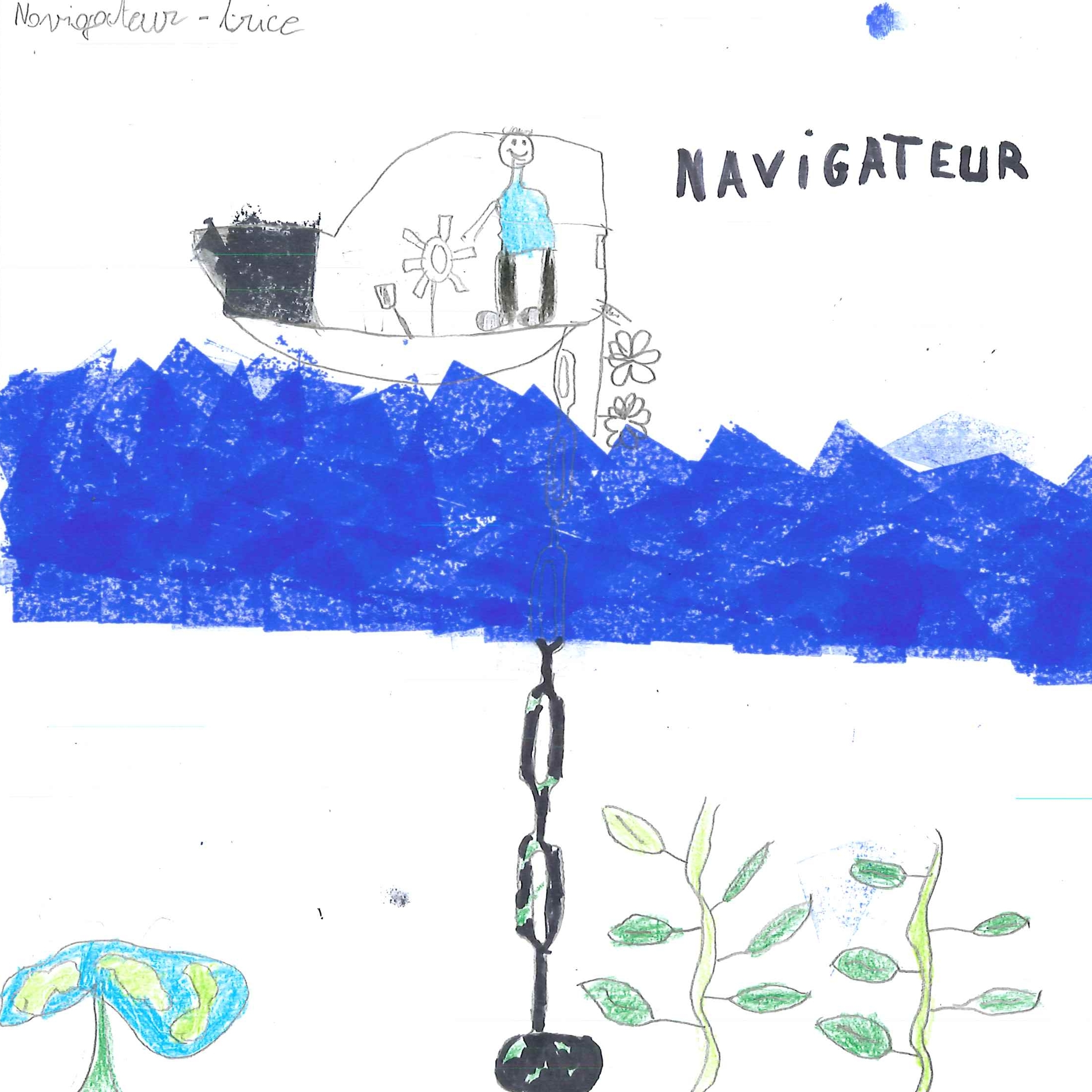 Dessin de Keny (10 ans). Mot: Navigatrice, NavigateurTechnique: Crayons.