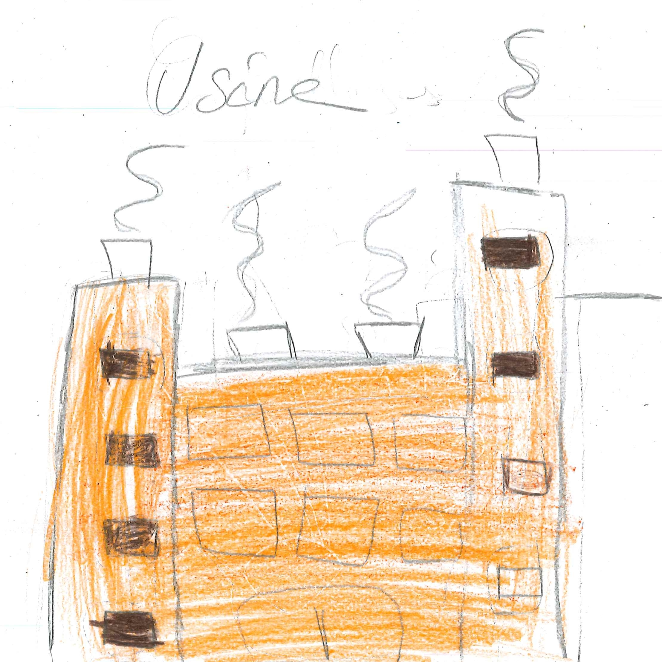 Dessin de Mariame (9 ans). Mot: UsinesTechnique: Crayons.