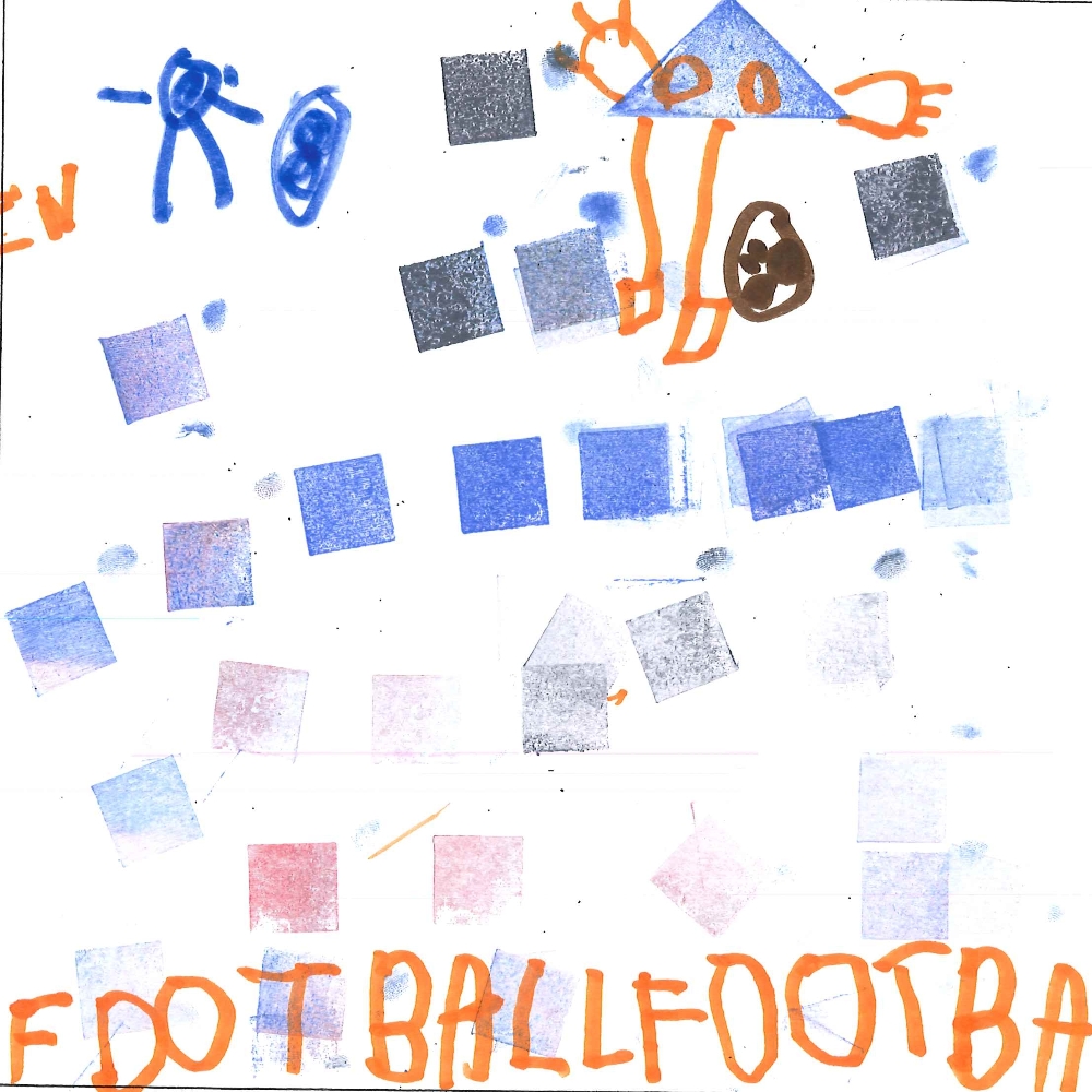 Dessin de Aymen (5 ans). Mot: Footballeur, FootballeuseTechnique: Tampons.