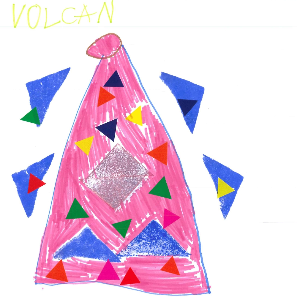 Dessin de Djila (6 ans). Mot: VolcanTechnique: Feutres.