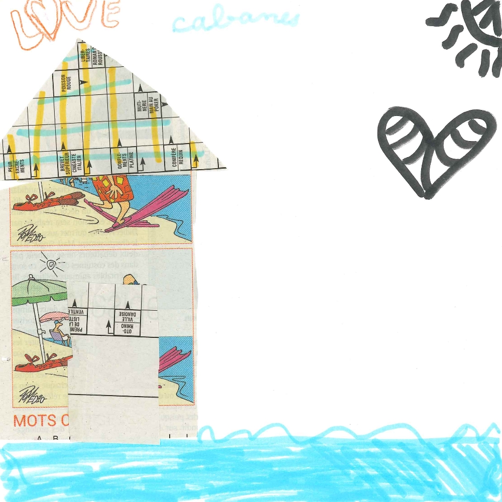 Dessin de Syra (8 ans). Mot: Cabane de plageTechnique: Découpage / Collage.